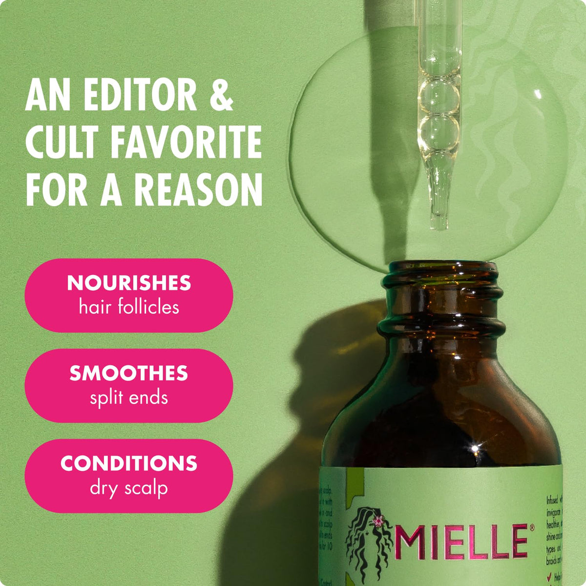 Mielle Organics oil texture close-up highlighting lightweight, non-greasy sheen