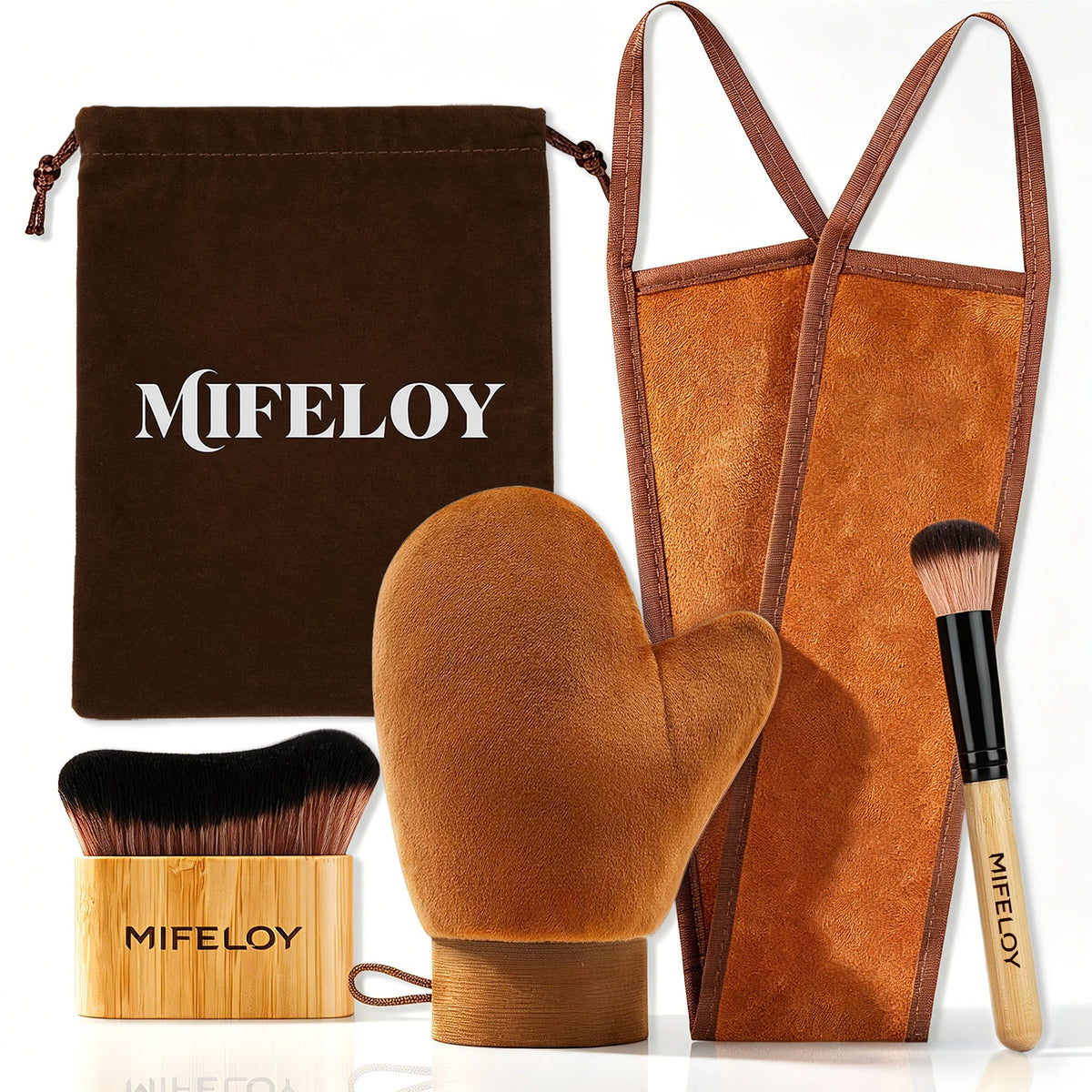 Mifeloy kit front layout showing all four applicators and pouch for effortless tanning