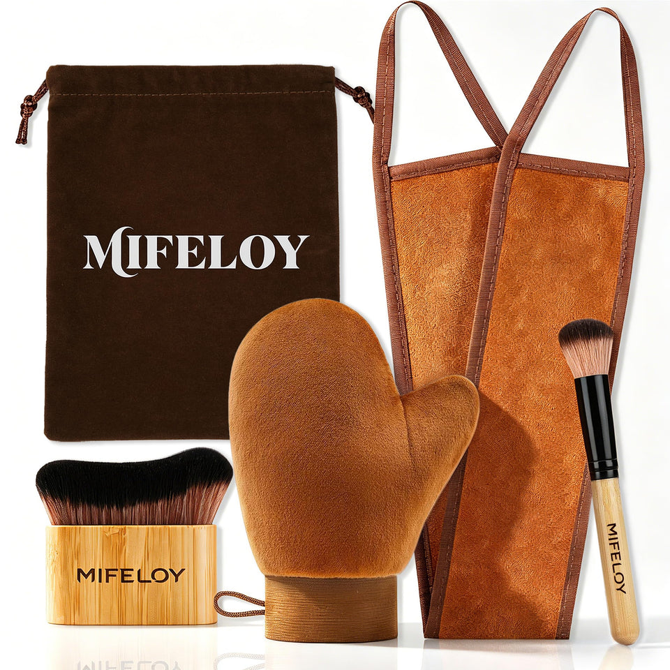 Mifeloy kit front layout showing all four applicators and pouch for effortless tanning