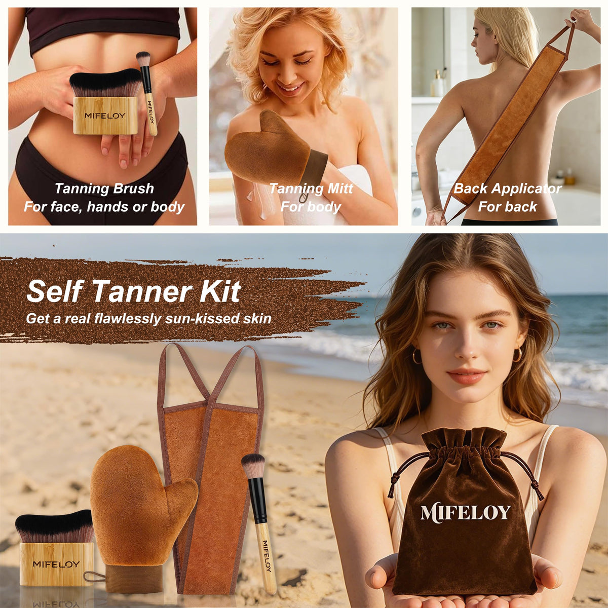 Mifeloy kit in use applying self-tanner to arm for streak-free, natural-looking coverage