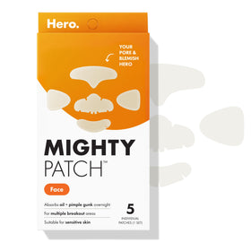 Mighty Patch front packaging showing five XL hydrocolloid patches and benefits