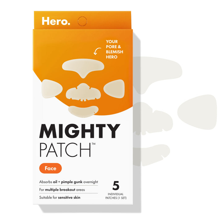 Mighty Patch front packaging showing five XL hydrocolloid patches and benefits
