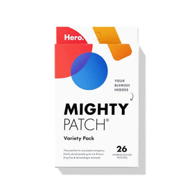 Mighty Patch front packaging showing 26-count variety for quick pimple care