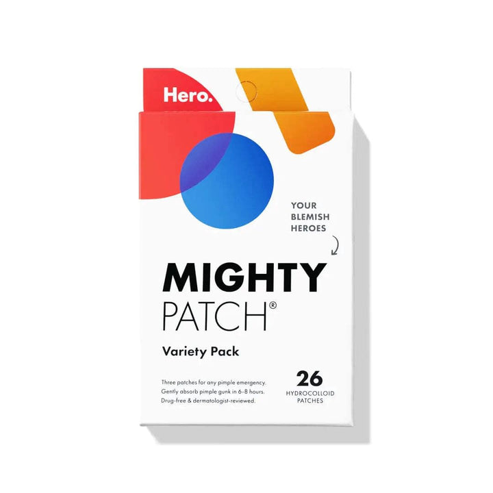 Mighty Patch front packaging showing 26-count variety for quick pimple care