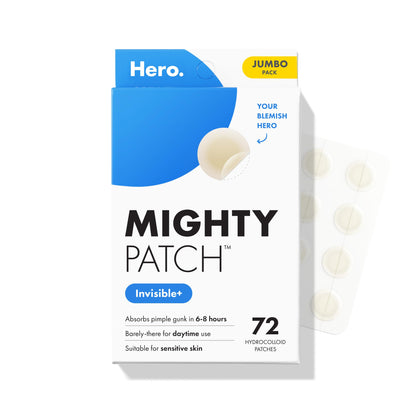 Mighty Patch box front view showing compact 72-count pack and discreet design