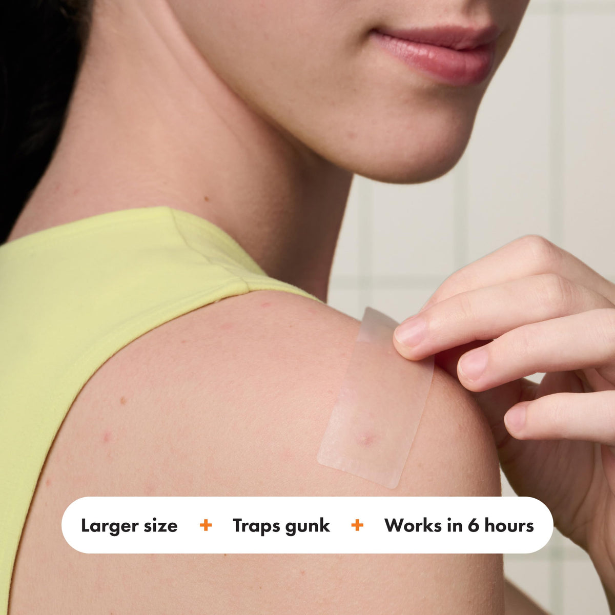 Mighty Patch on upper back showing body application and comfortable adhesion benefits
