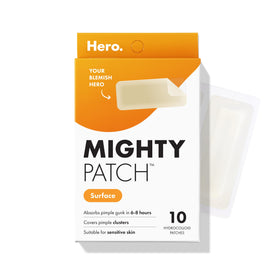 Mighty Patch front packaging showing 10 large hydrocolloid strips for broad coverage