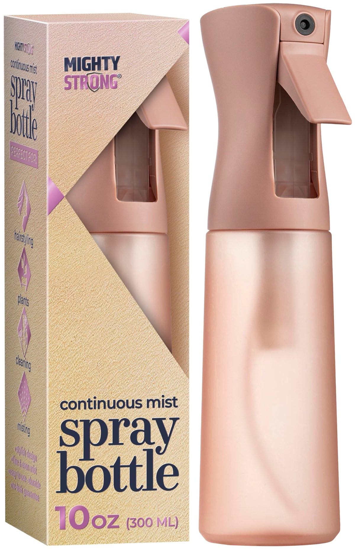MIGHTY STRONG front view of 10 oz bottle showing sleek profile and capacity benefit
