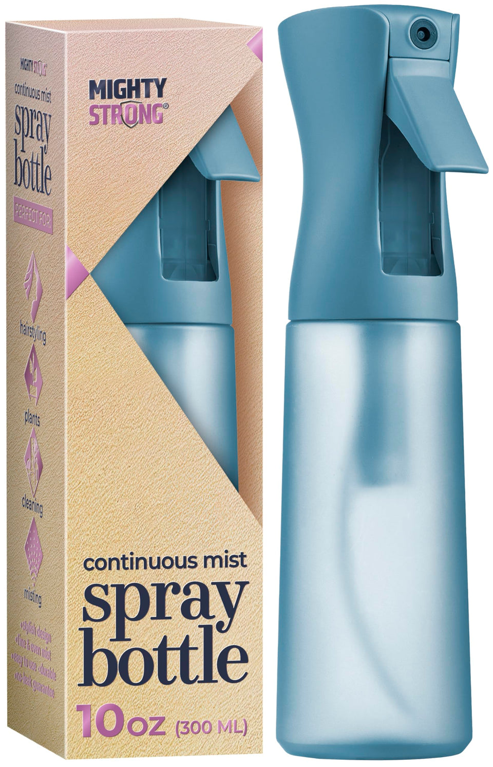 MIGHTY STRONG front view 10 oz spray bottle showing sleek design and capacity