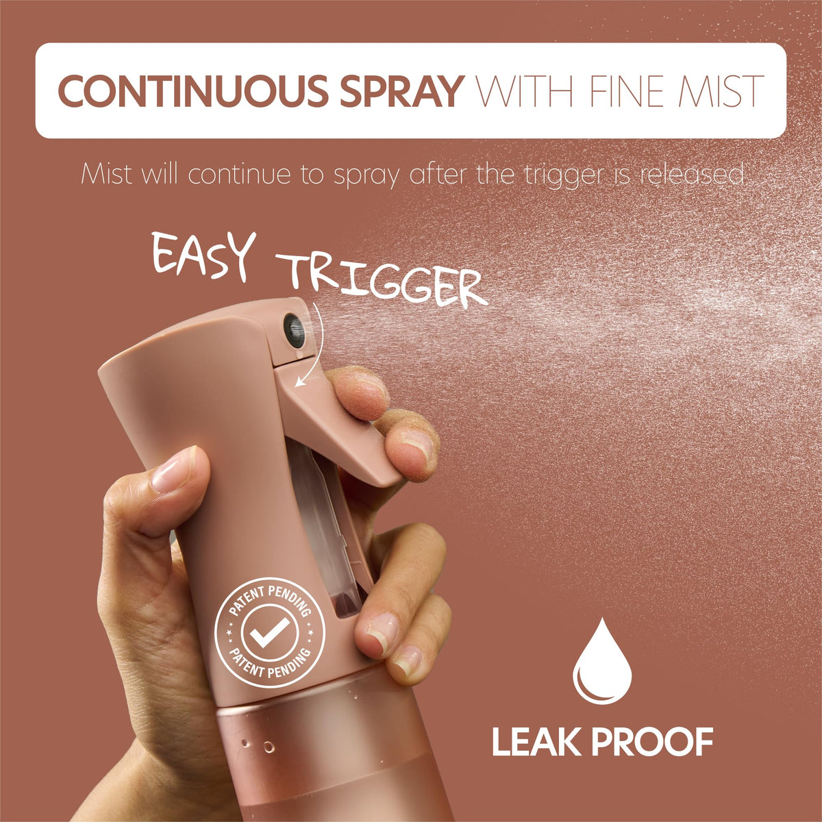 MIGHTY STRONG handheld sprayer used on hair showing even distribution benefit