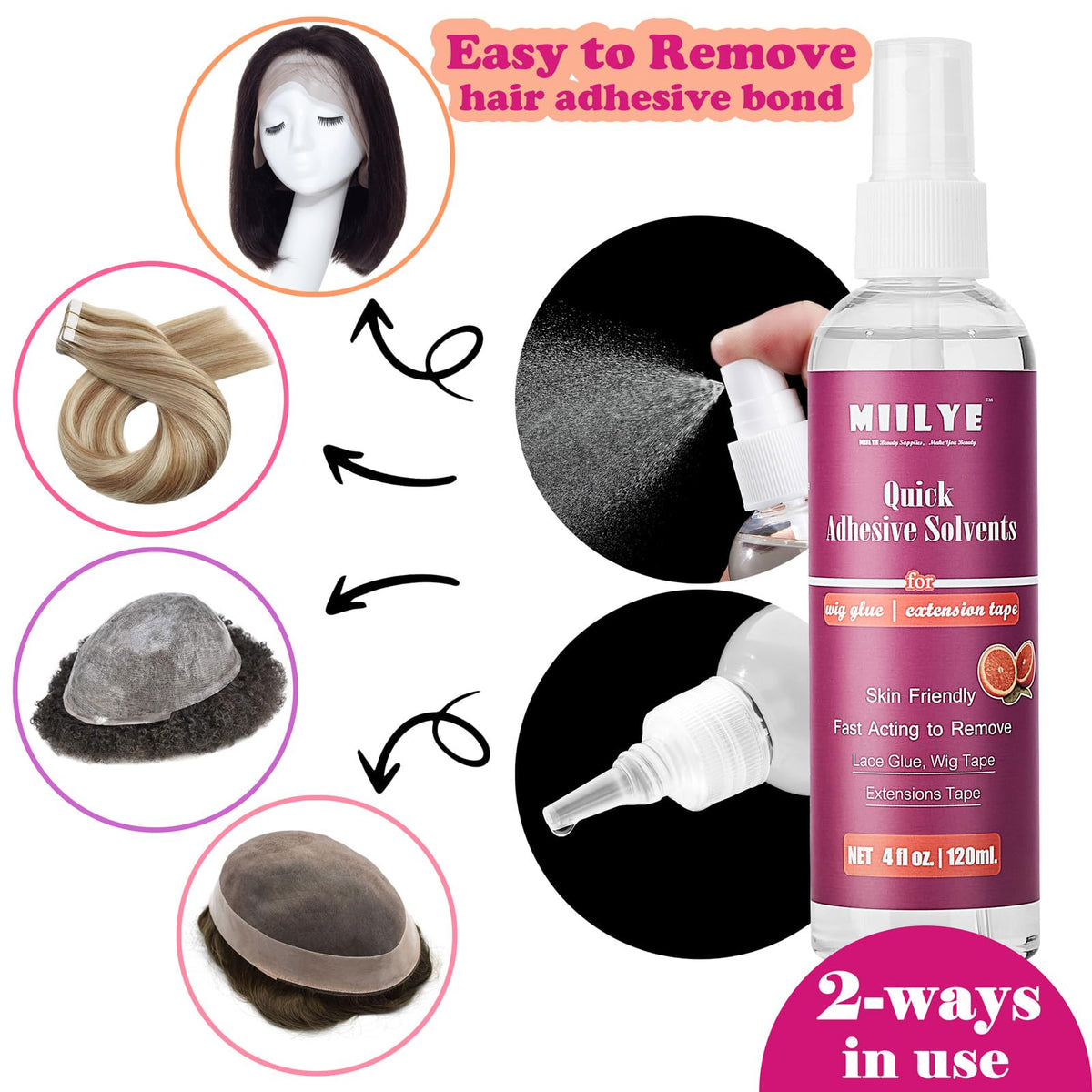 MIILYE being sprayed on hairline to loosen adhesive quickly for painless removal