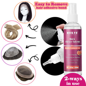 MIILYE being sprayed on hairline to loosen adhesive quickly for painless removal