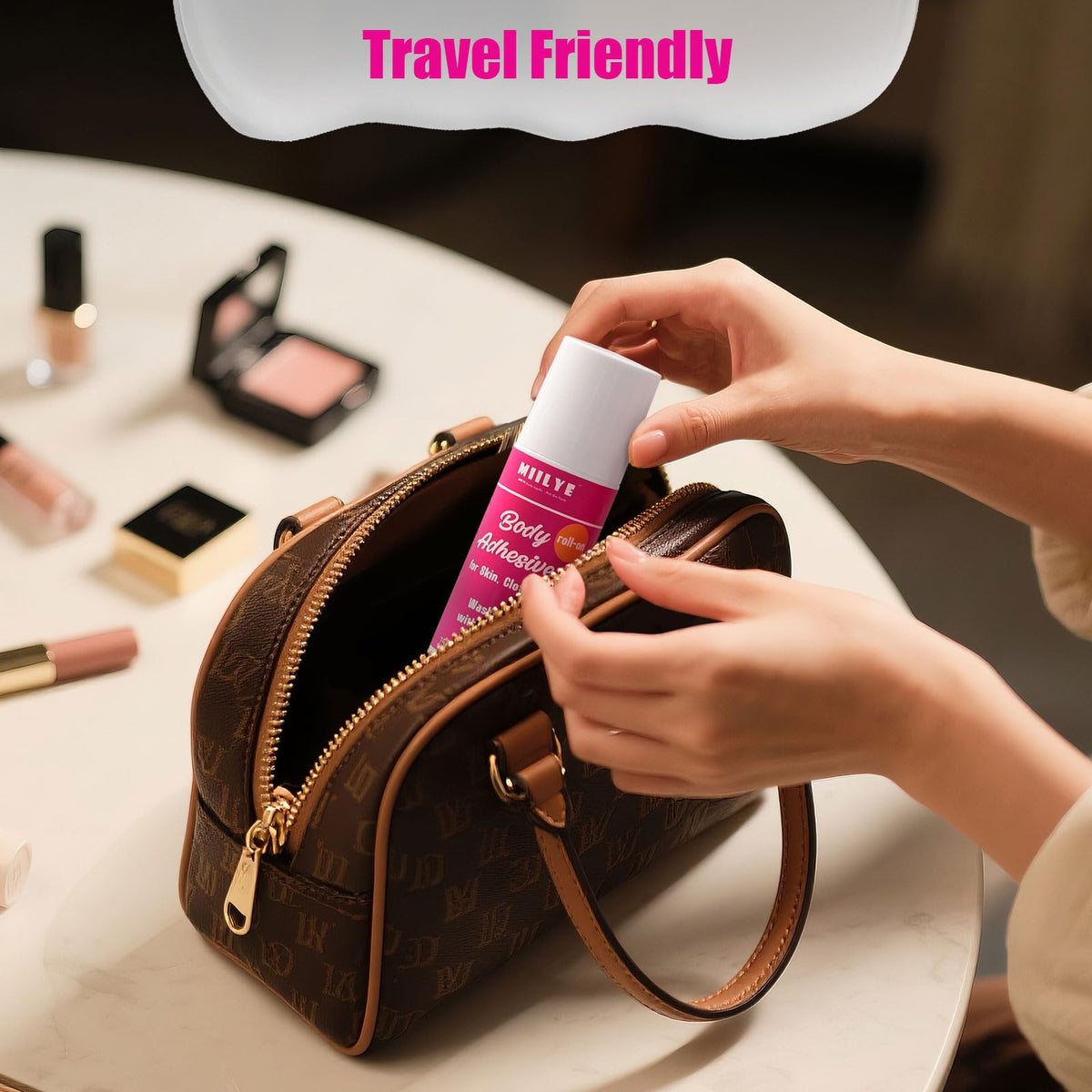 MIILYE compact travel-size bottle fitting in a purse for on-the-go fixes