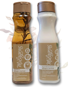 Milagros front packaging showing shampoo and conditioner for visible botanical benefits