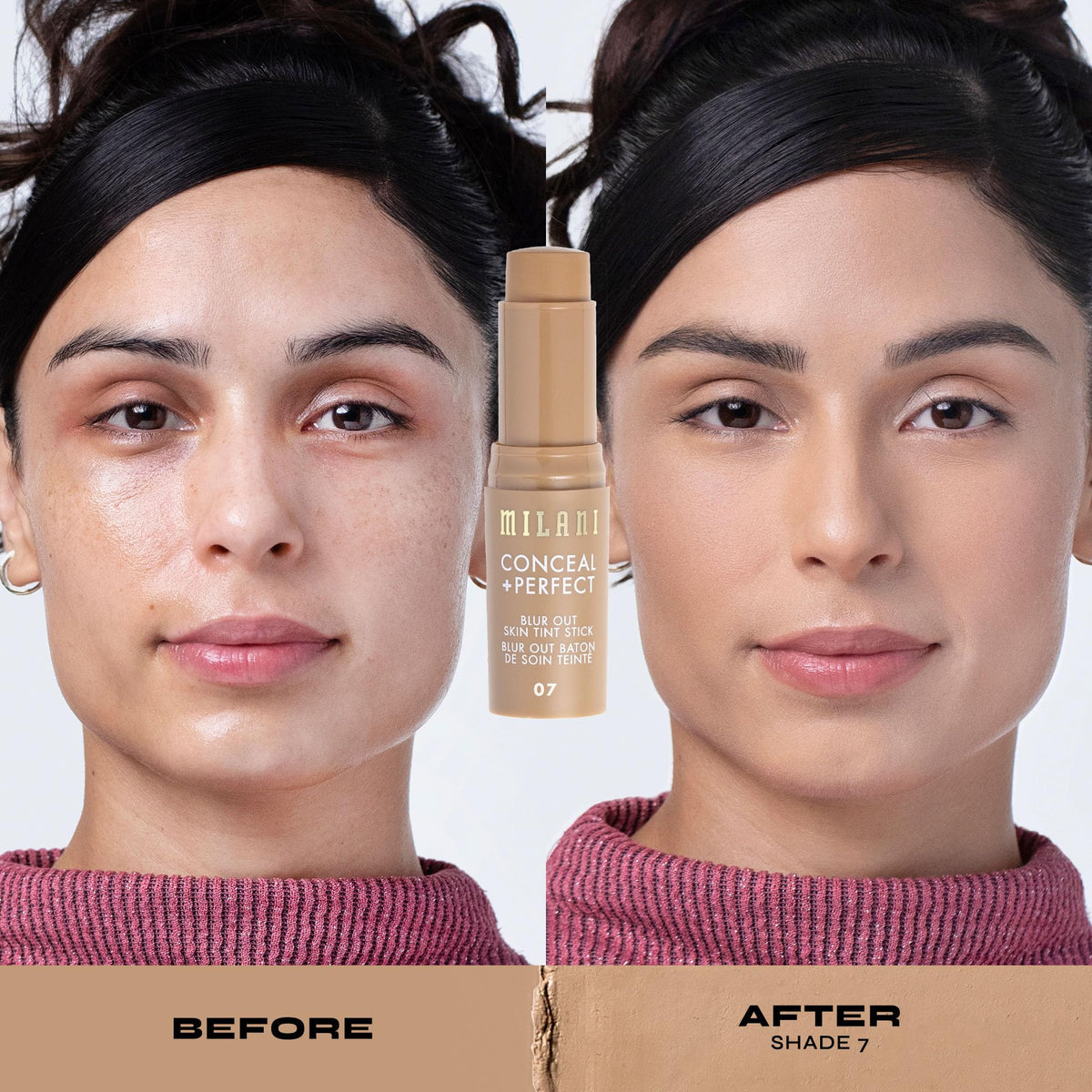 Milani face close-up after blending to show pore-blurring natural matte benefit