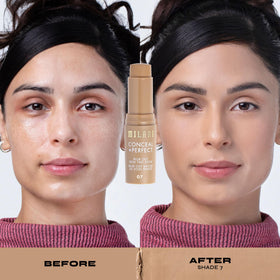 Milani face close-up after blending to show pore-blurring natural matte benefit