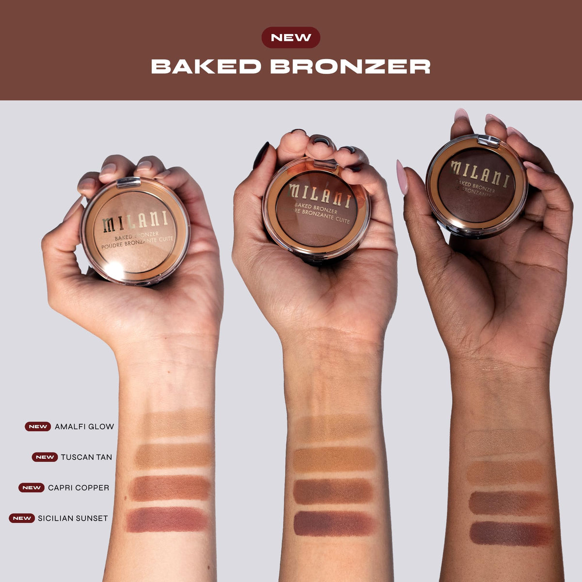 Milani bronzer in hand illustrating compact size and portable convenience