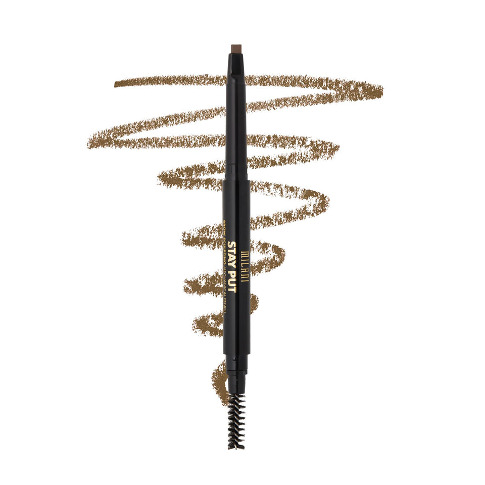 Milani brow pencil front view showing packaging and precise tip benefit