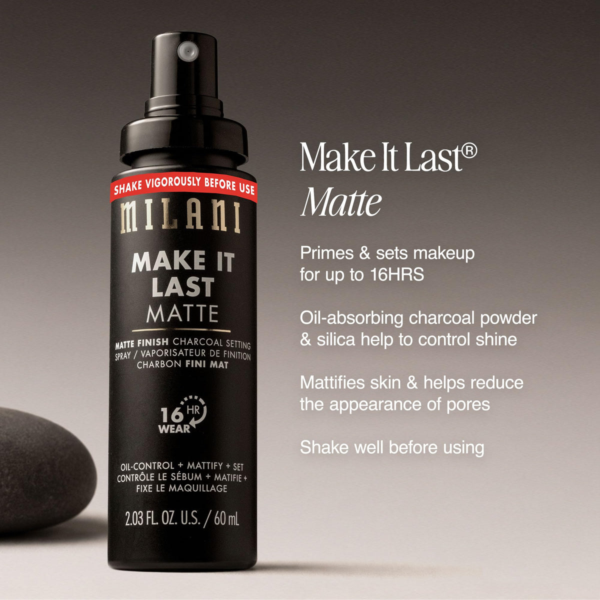 Milani charcoal and silica texture detail depicting oil-absorbing formula benefit