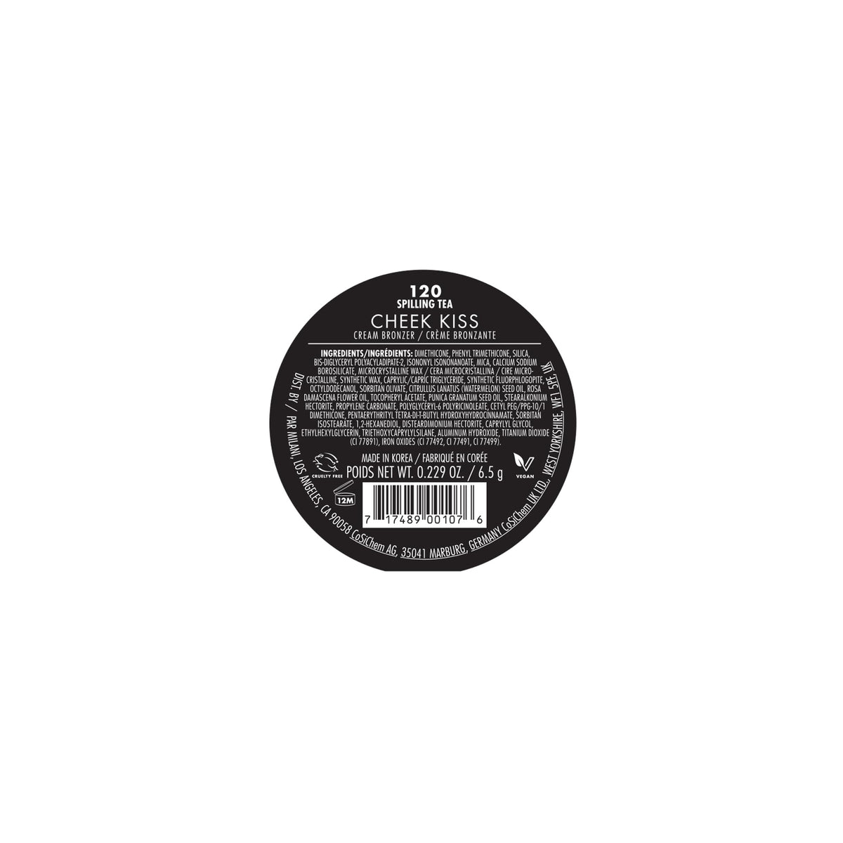 Milani product label close-up reading Made in Korea and cruelty-free benefit