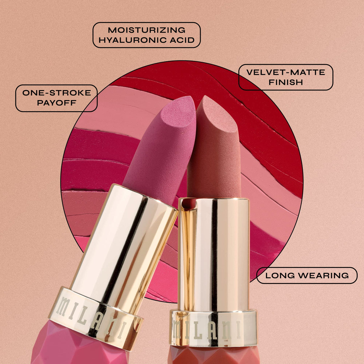 Milani lipstick cap label closeup showing product name and premium quality benefit