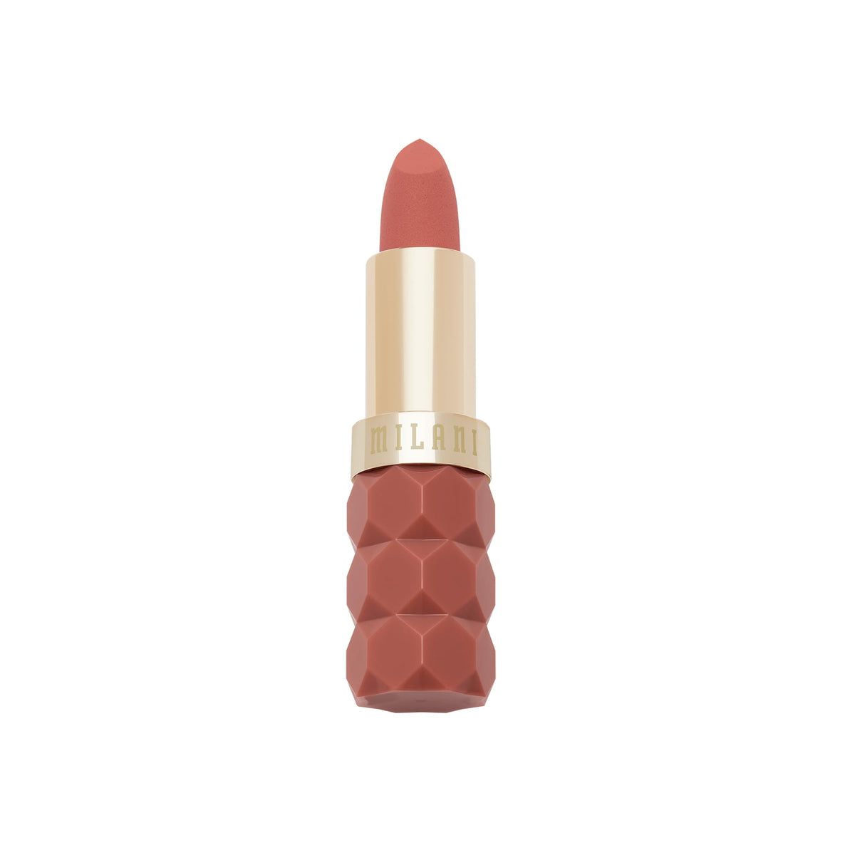 Milani lipstick front view showing sleek tube and shade 410 Pleasure benefit hydration