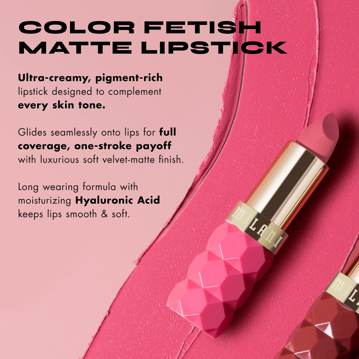 Milani lipstick texture swipe on arm showing velvet finish and intense pigment benefit