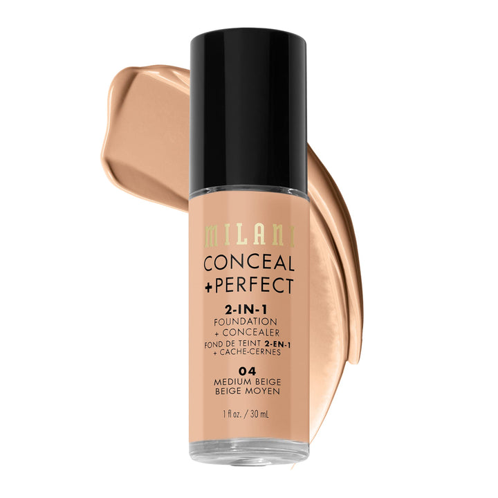 Milani front view of bottle showing shade 04 Medium Beige and coverage benefit