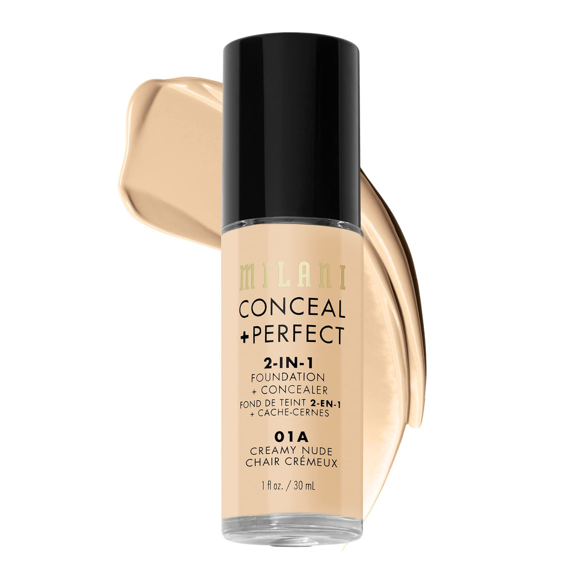 Milani front bottle shot showing shade 01A Creamy Nude and easy pump