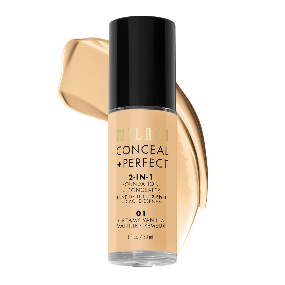 Milani front bottle view showing packaging and shade 01 Creamy Vanilla benefit: easy identification