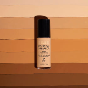 Milani bottle inside makeup bag showing travel-friendly multitasking foundation benefit