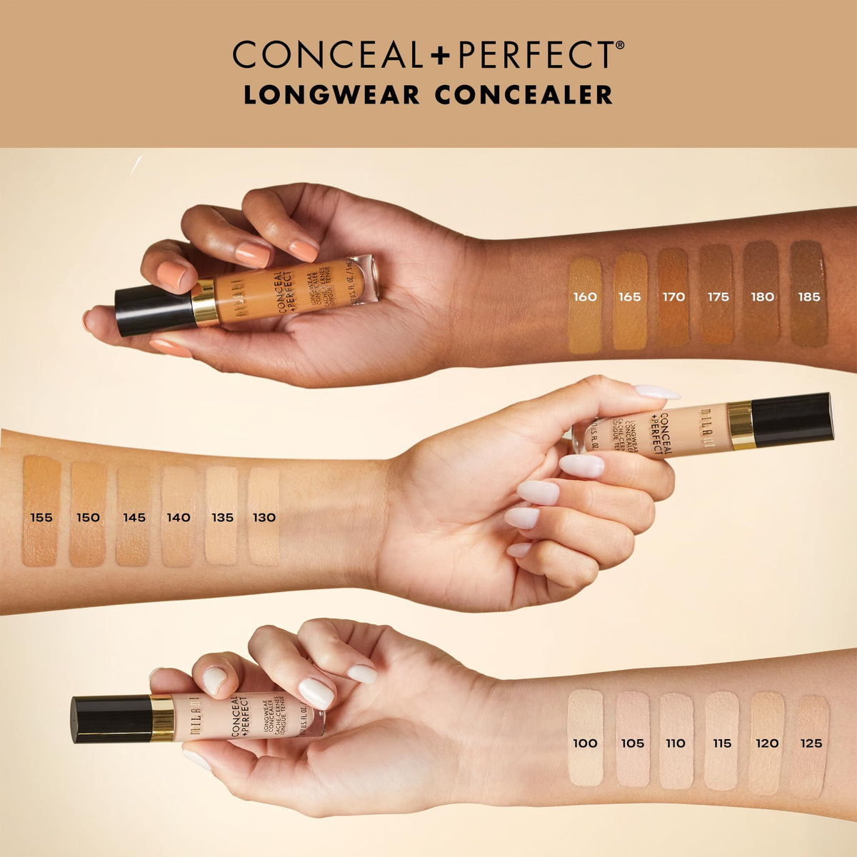 Milani concealer texture swatches on arm displaying blendable finish