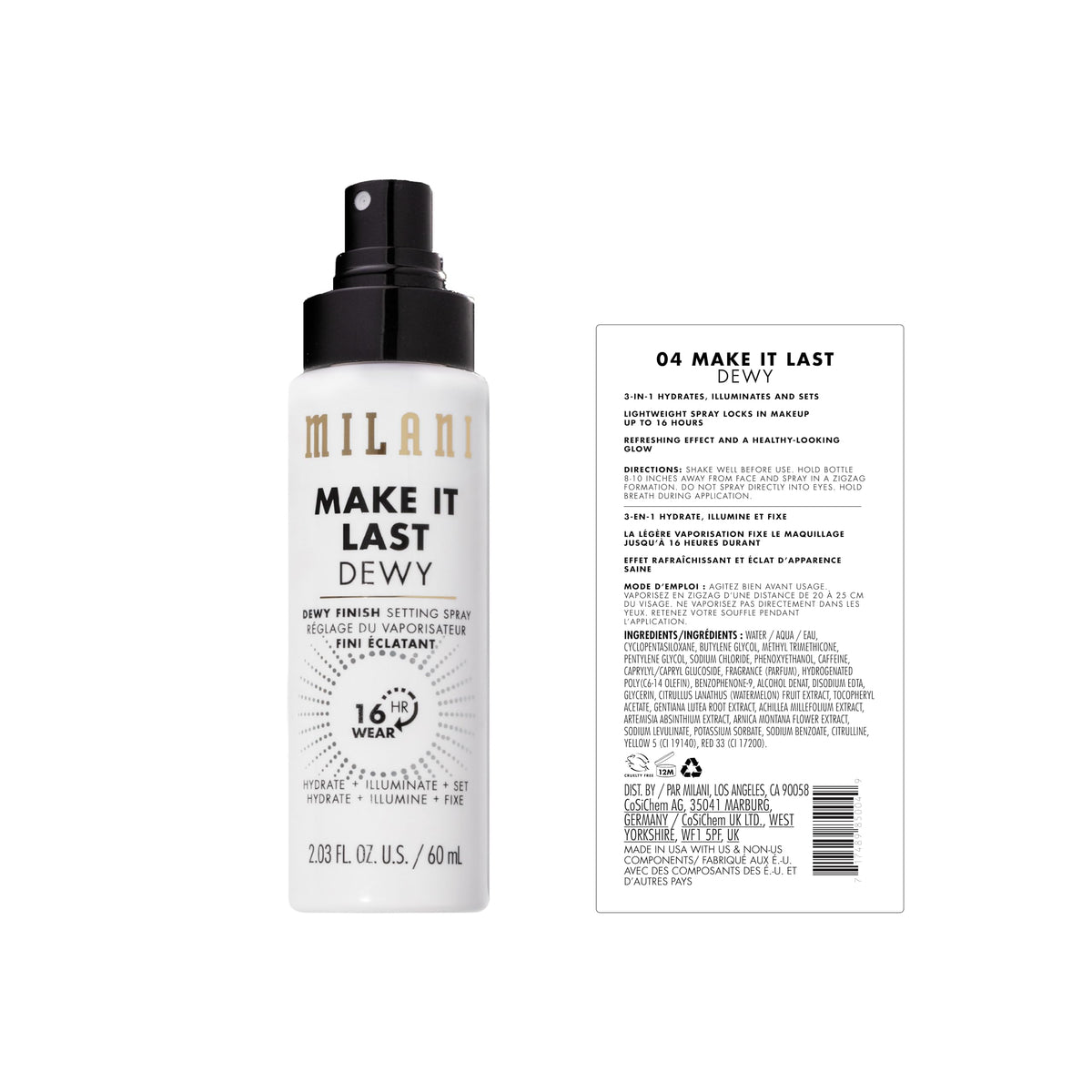 Milani back label close-up showing ingredients and product benefits