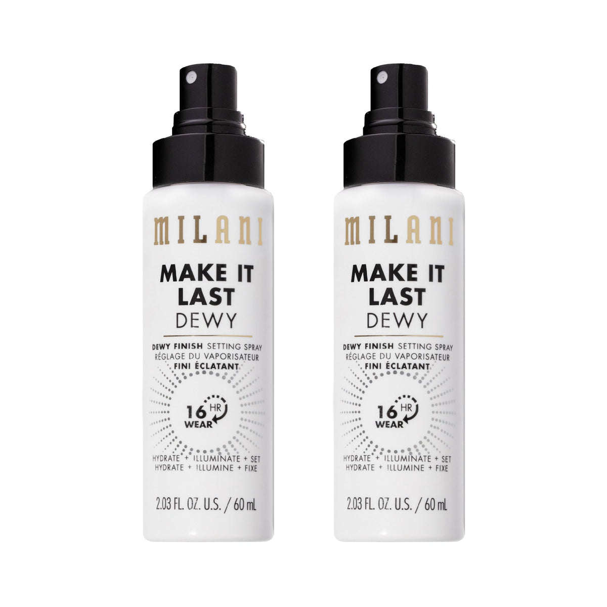 Milani front packaging of Make It Last Dewy setting spray showing bottle and label for easy identification