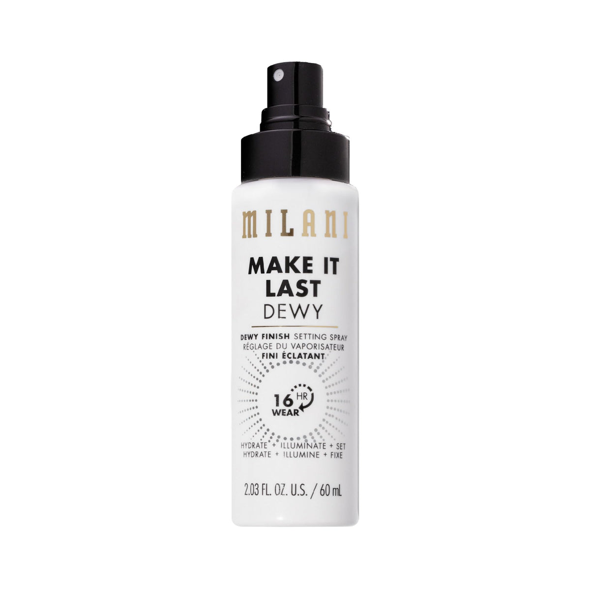 Milani front packaging showing dewy setting spray for radiant glow