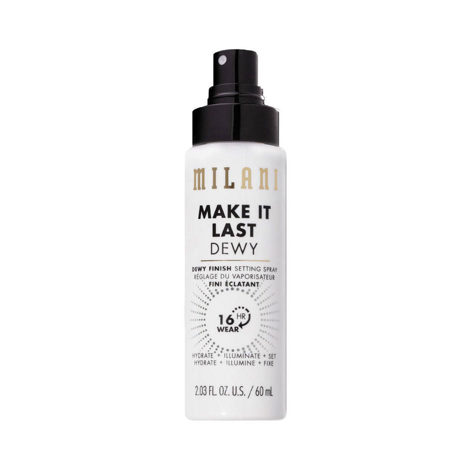 Milani front packaging showing dewy setting spray for radiant glow