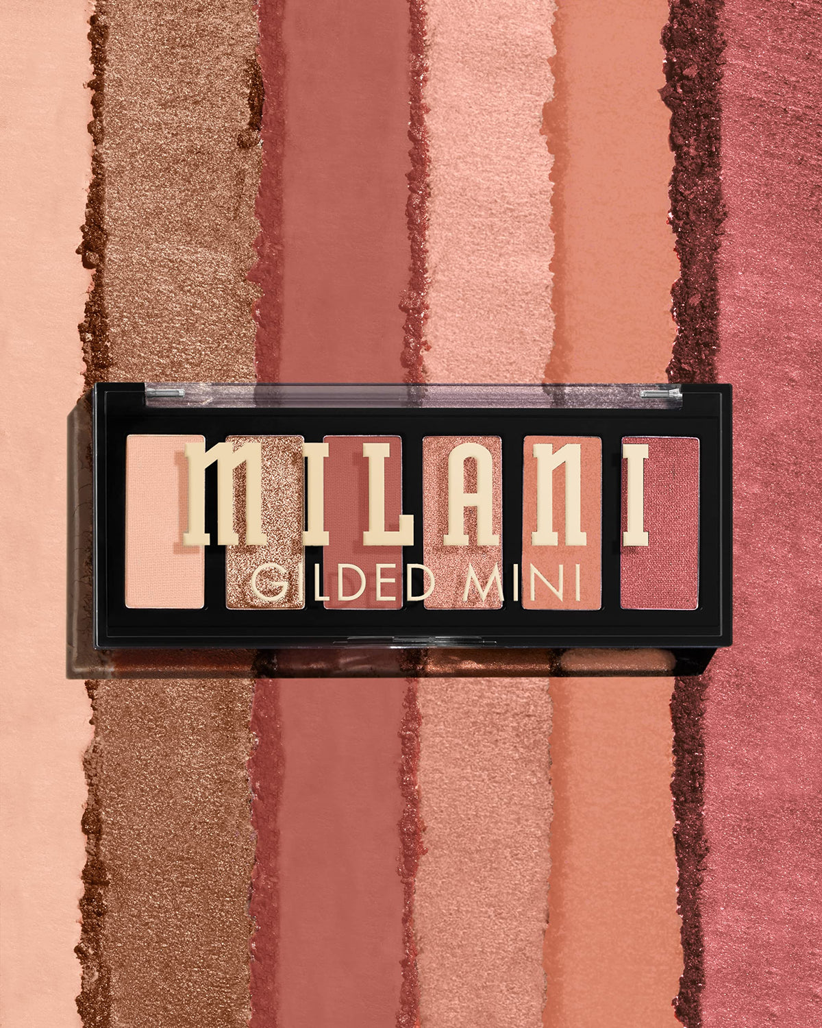 Milani open palette overhead view showing six coordinated rosy-matte and shimmer shades