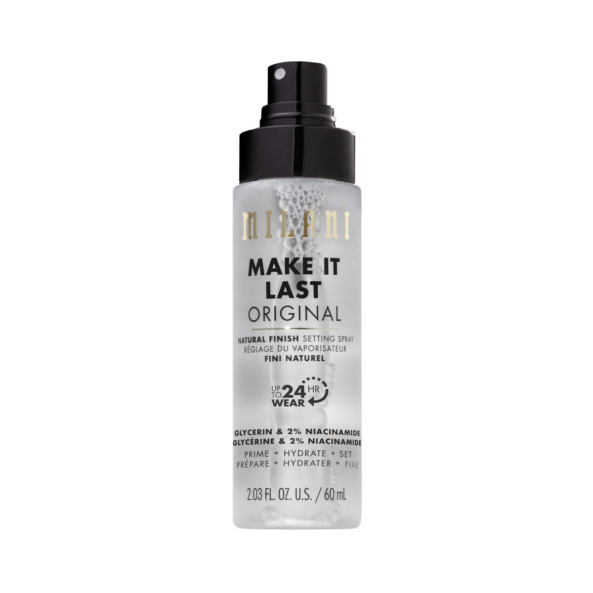 Milani bottle front packaging showing product benefits and natural finish