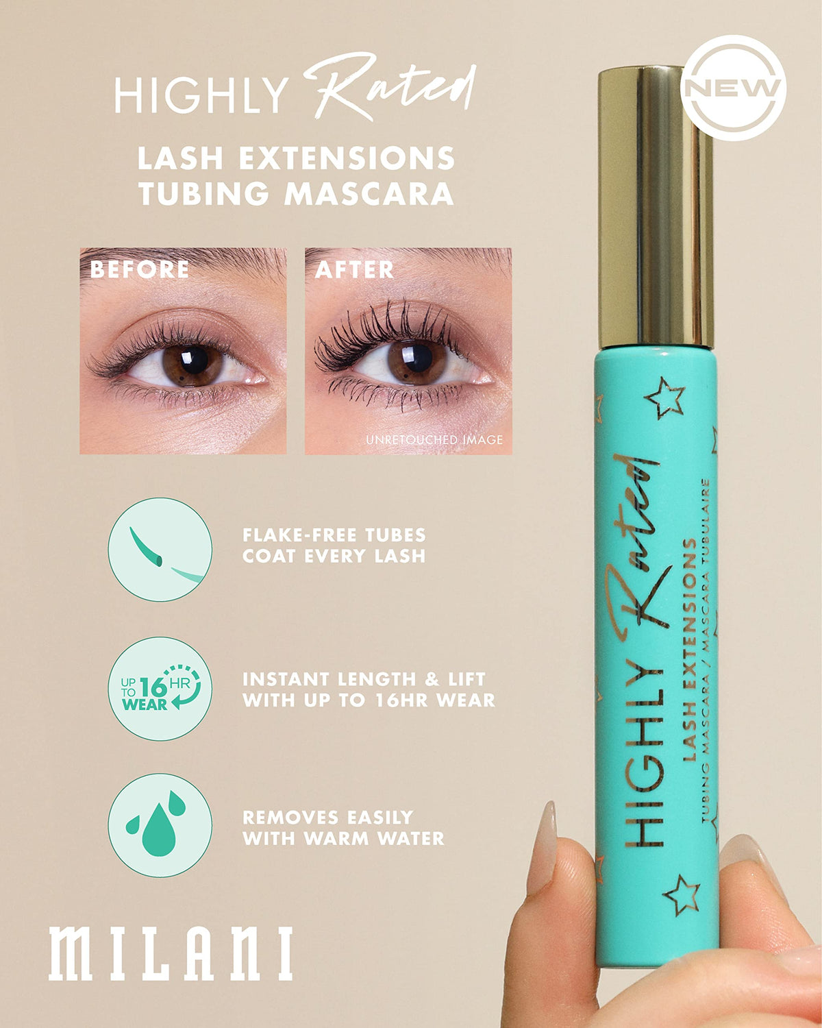 Milani mascara applied on lashes close-up showing lifted length