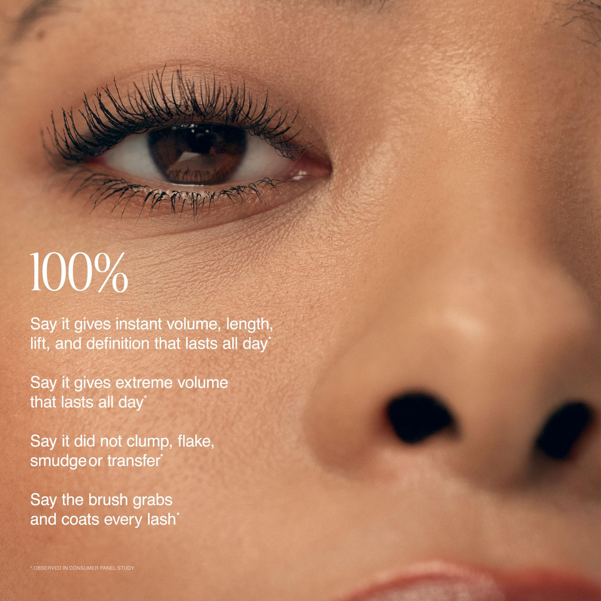 Milani mascara applied on lashes close-up showing length and natural brown finish