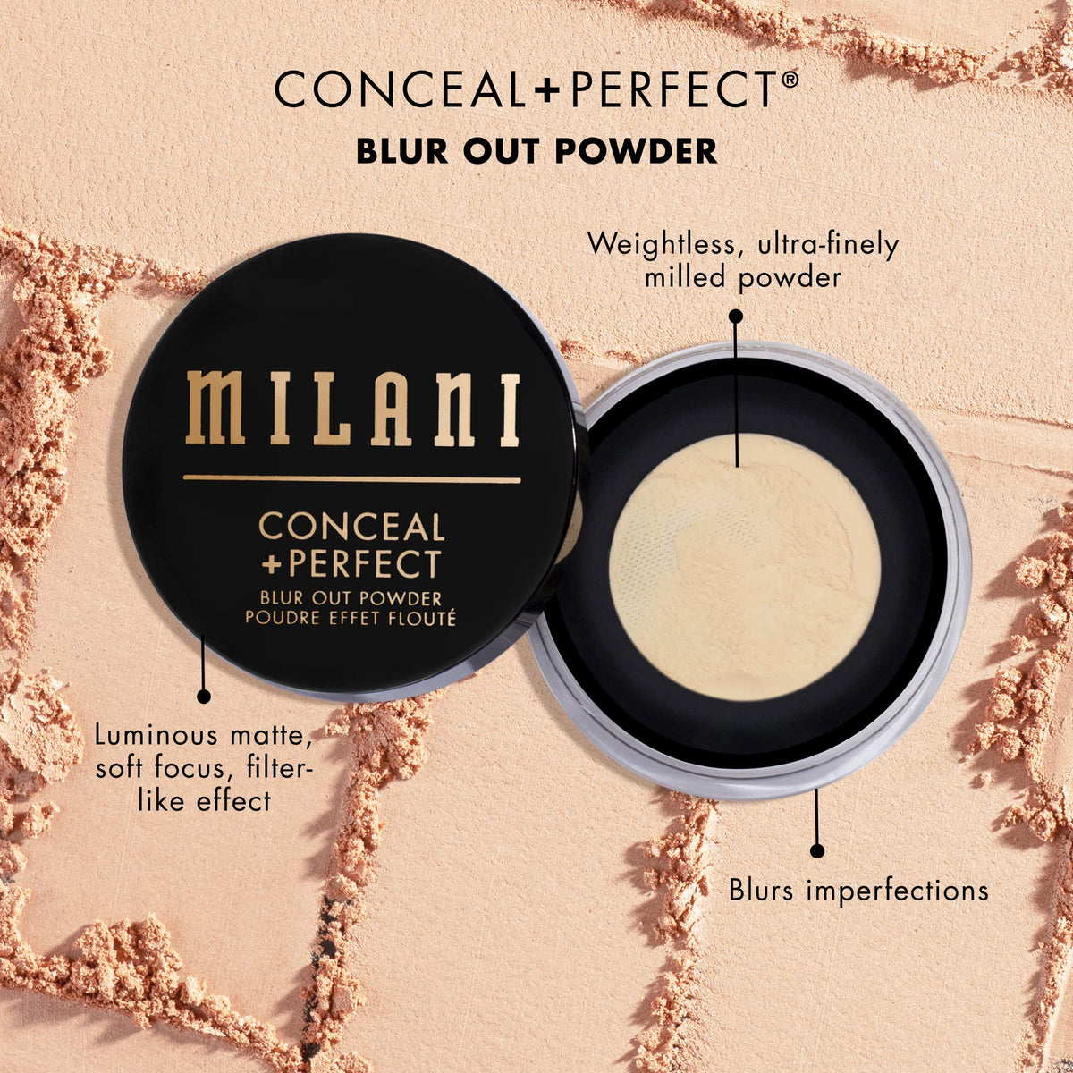 Milani on skin close-up demonstrating pore blurring and soft-focus finish