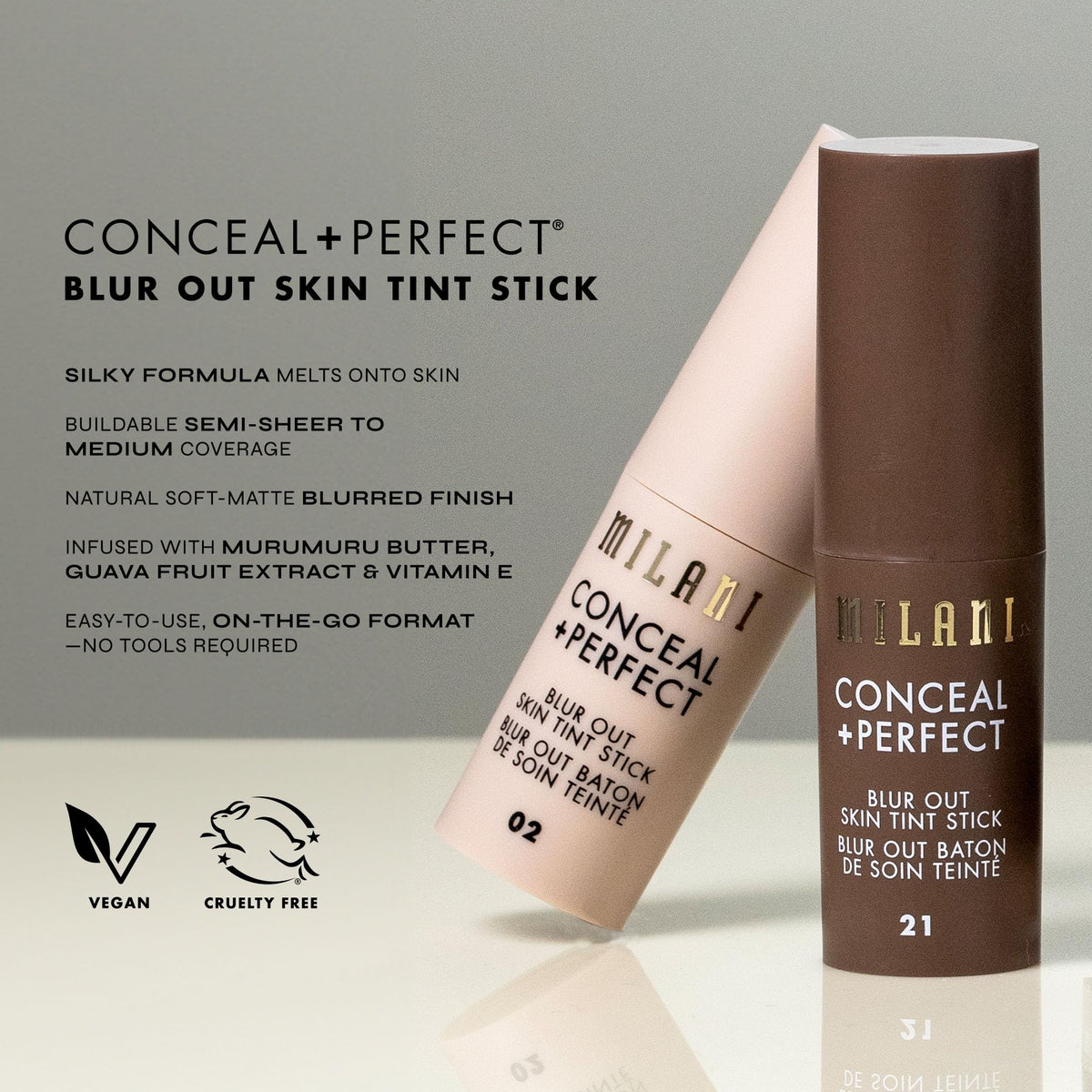 Milani product label and ingredients close-up to highlight vitamins C and E benefit