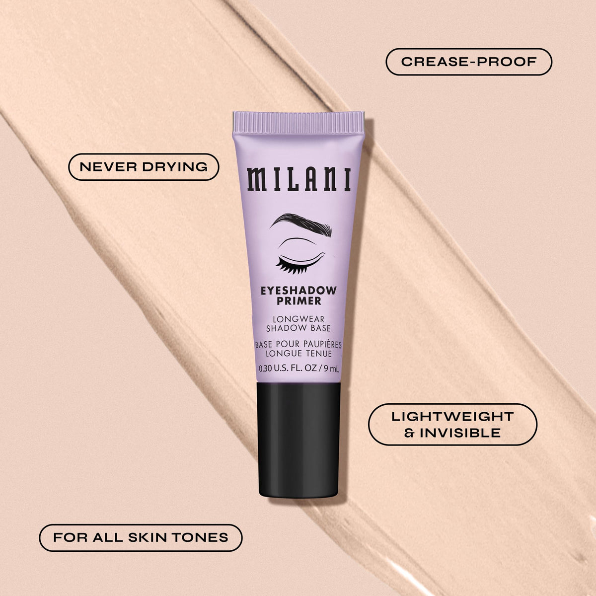 Milani primer texture close-up showing creamy formula and quick-dry benefit