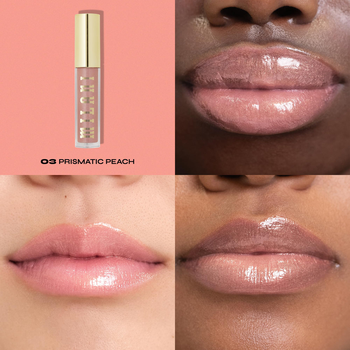 Milani prismatic peach applicator closeup displaying curved wand for even glossy coverage