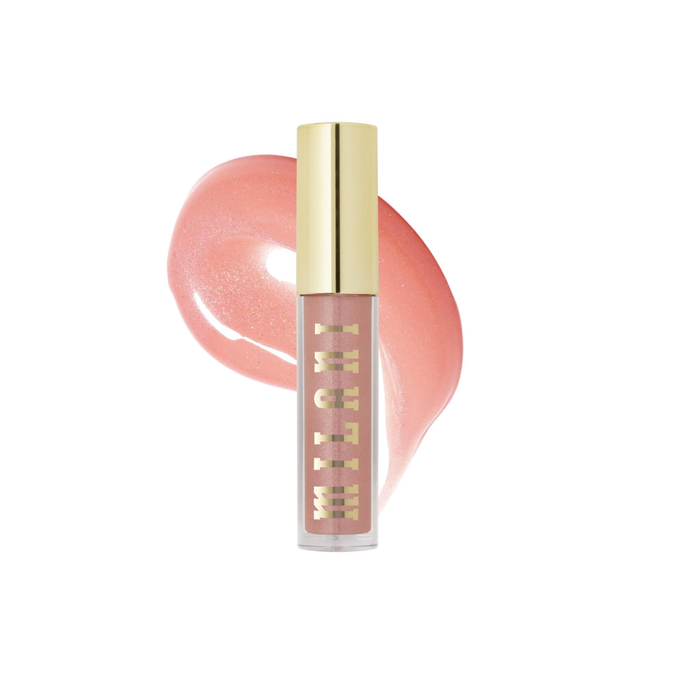 Milani prismatic peach front packaging showing glossy tube and shade, promises lightweight shine