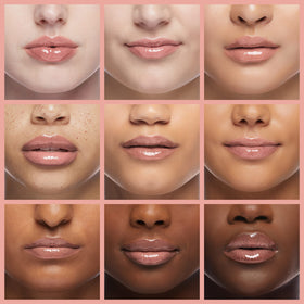 Milani prismatic peach on lips in use demonstrating fuller-looking, luminous peach finish