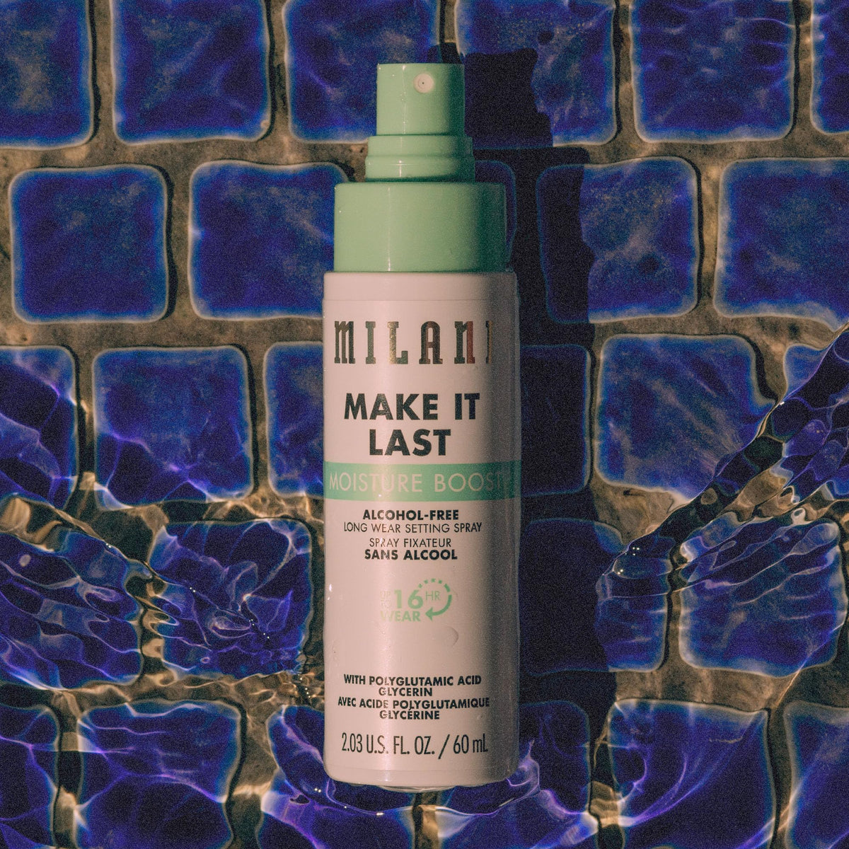 Milani setting spray applied on model, keeps makeup fresh longer