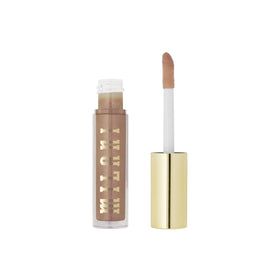 Milani gloss beside a coin showing compact 0.13 fl oz size for travel