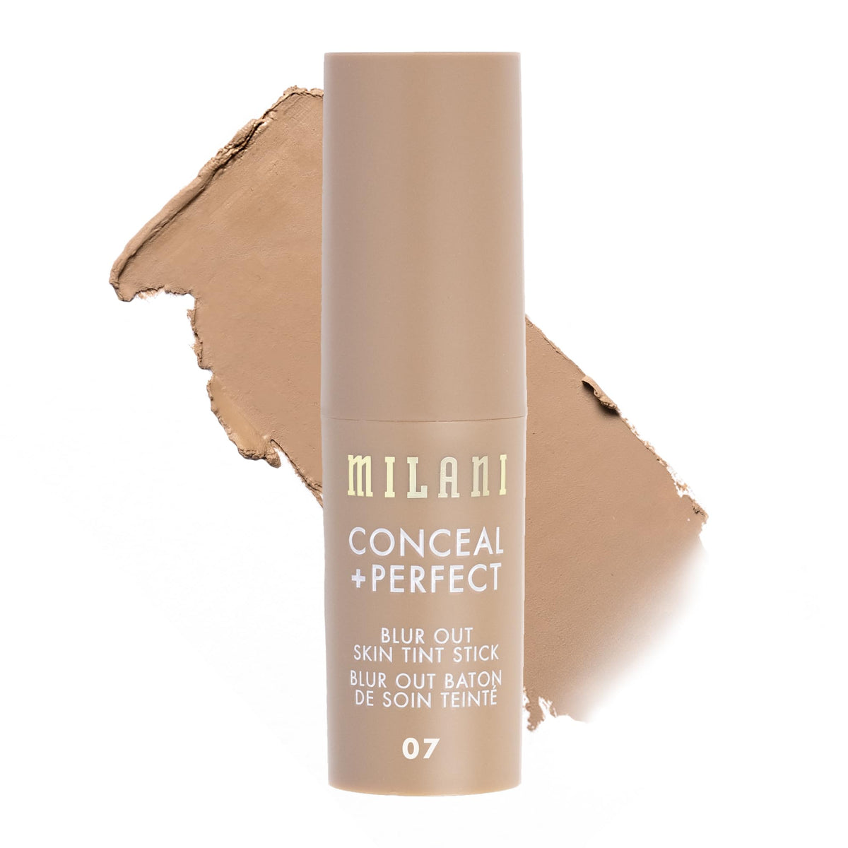Milani Conceal + Perfect Blur Out Skin Tint Stick front packaging showing shade and finish benefit