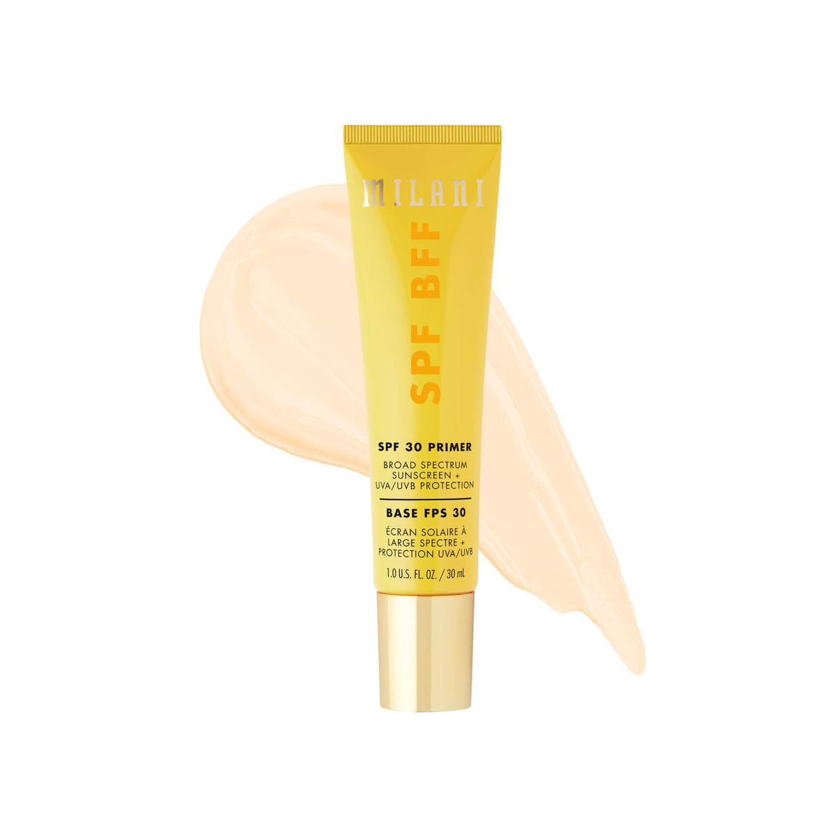 Milani front packaging showing SPF BFF primer and sunscreen protection benefit